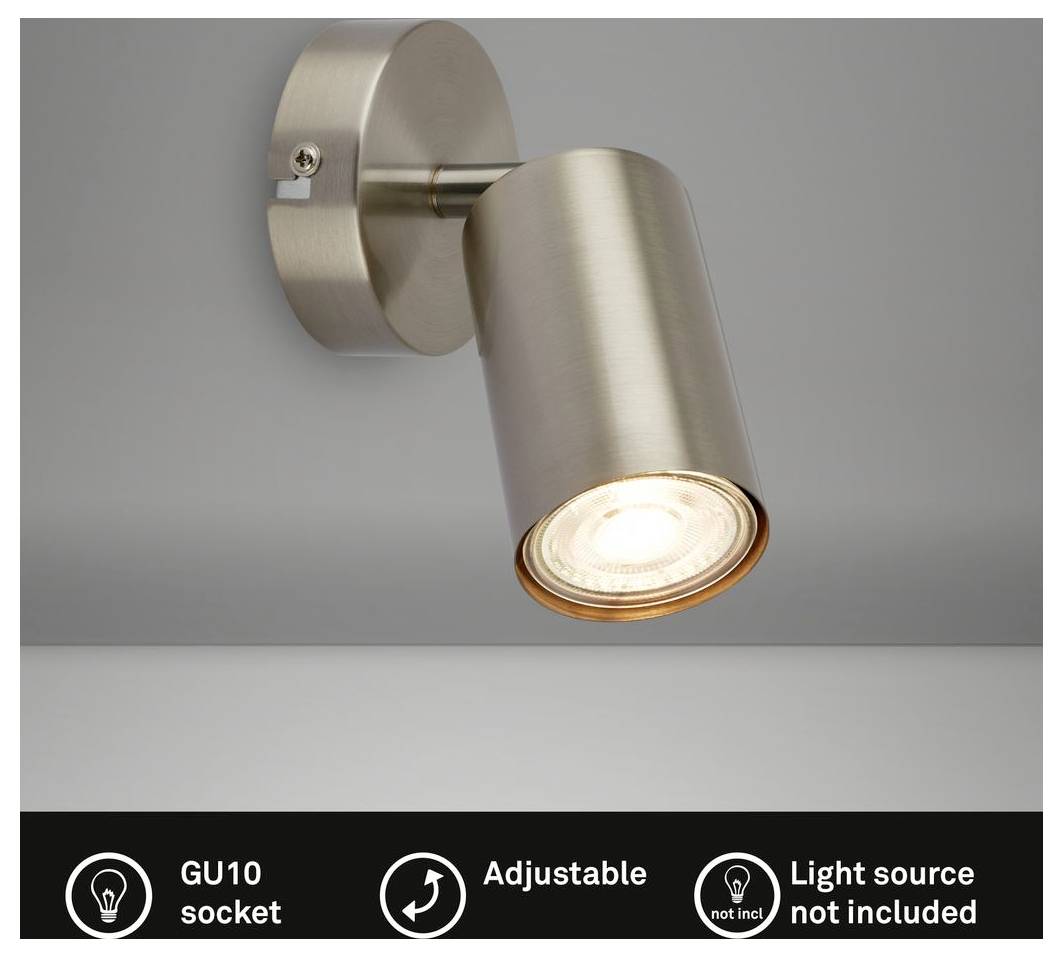 Verstellbarer gebürsteter Metallstrahler mit GU10-Fassung; Lichtquelle nicht enthalten.