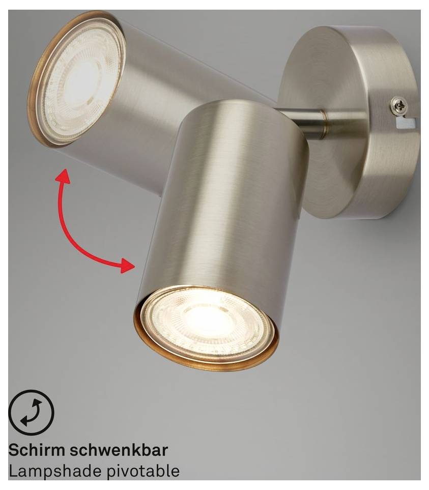 Zwei gebürstete Metalldiskusköpfe auf einer Wandhalterung, mit einem Pfeil, der zeigt, dass der Lampenschirm schwenkbar ist; der Text lautet „Schirm schwenkbar