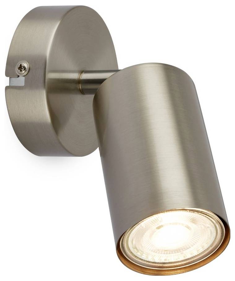 Gebürstetes Nickel verstellbarer Wandstrahler mit einer leuchtenden Glühbirne auf einer runden Wandhalterung.