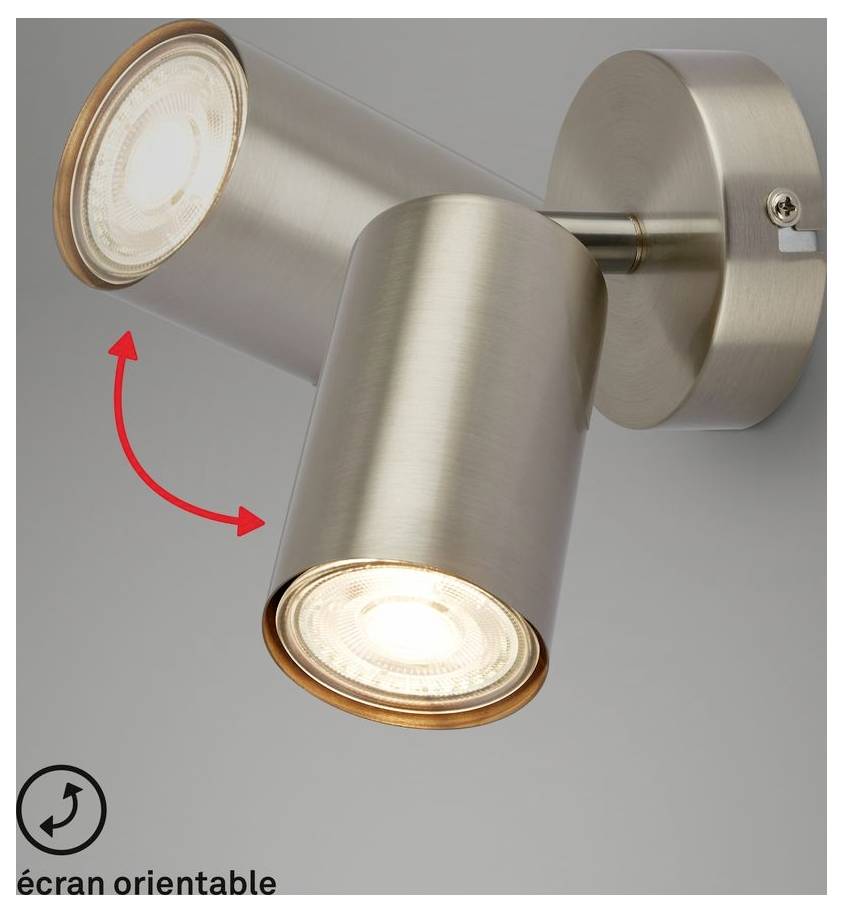 Verstellbarer Wandstrahler aus gebürstetem Metall mit zwei zylindrischen Lampenköpfen, mit einem roten Pfeil dargestellt, der anzeigt, dass das Licht gedreht werden kann.