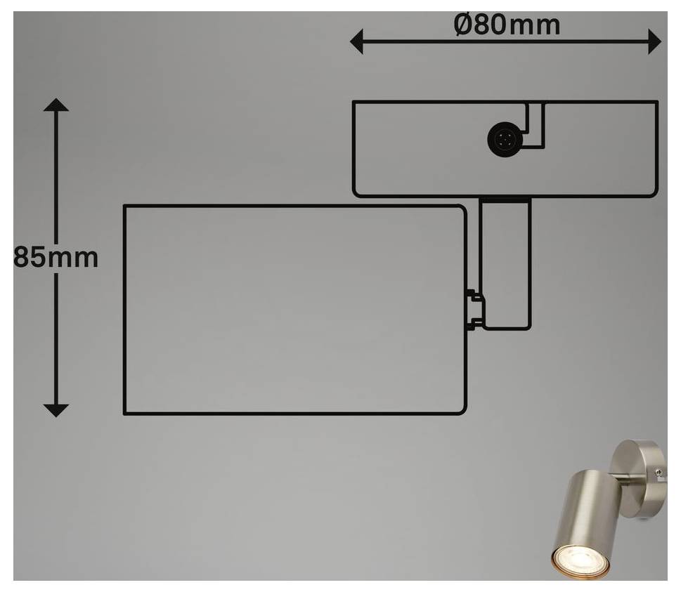 Diagramm einer wandmontierten Leuchte mit Abmessungen: 85 mm Höhe und 80 mm Breite, plus ein Foto der leuchtenden Leuchte unten rechts.