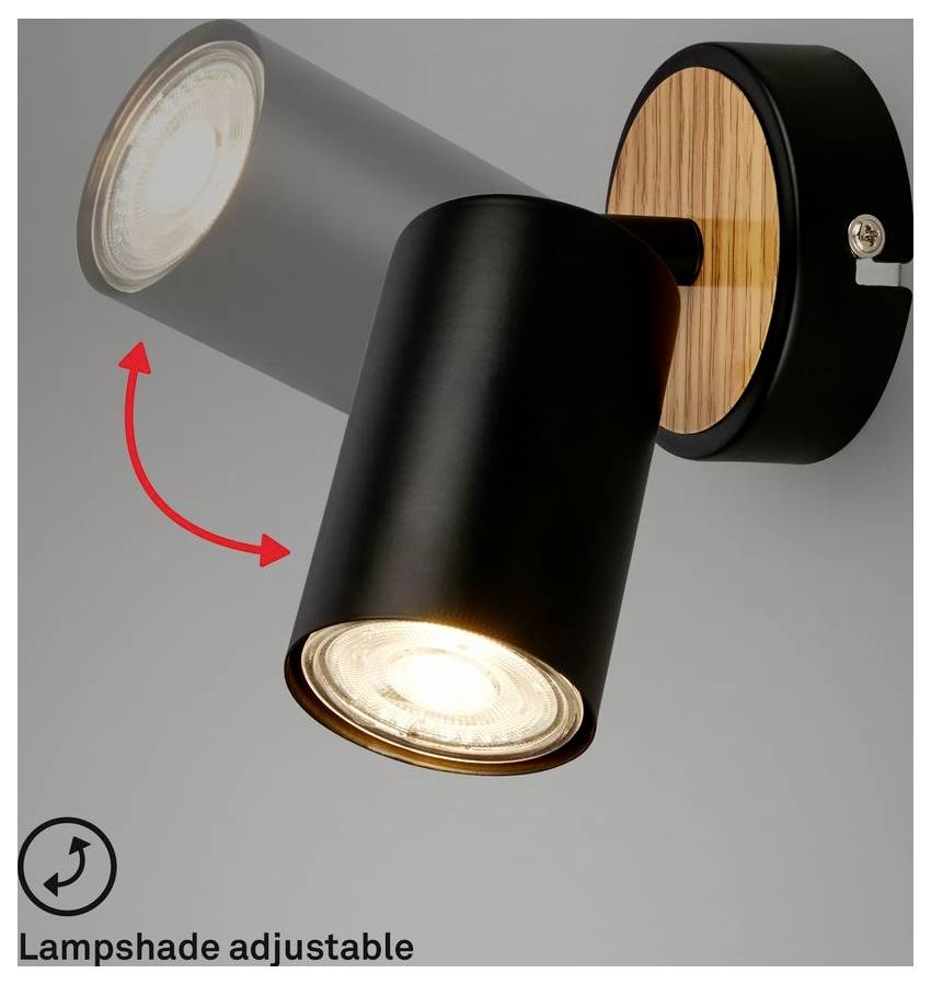 Verstellbare schwarze Spotleuchte für die Wand mit rotierendem Lampenschirm, dargestellt mit Pfeilen, die die Kippbewegung anzeigen.