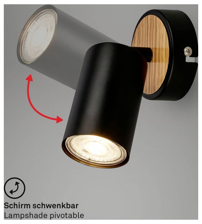 Wandmontierter schwarzer Strahler mit schwenkbarem Lampenschirm, der sich drehend zeigt; Text lautet „Schirm schwenkbar
