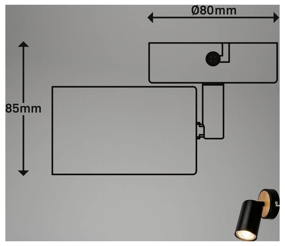 Diagramm einer wandmontierten Leuchte mit einer Breite von 80 mm und einer Höhe von 85 mm, mit einer schwarzen Spotlightleuchte unten rechts.