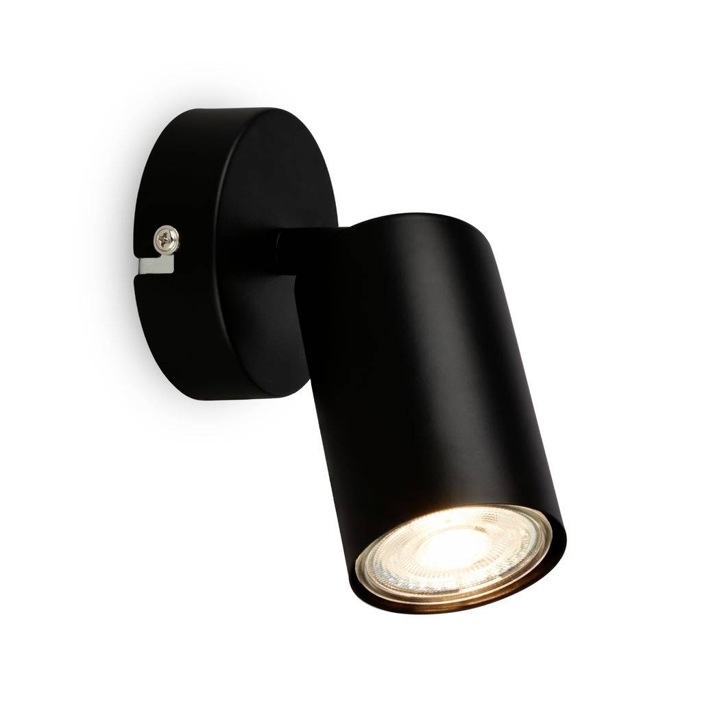 Schwarzer verstellbarer wandmontierter Strahler mit einer leuchtenden nach unten gerichteten Lampe auf weißem Hintergrund.