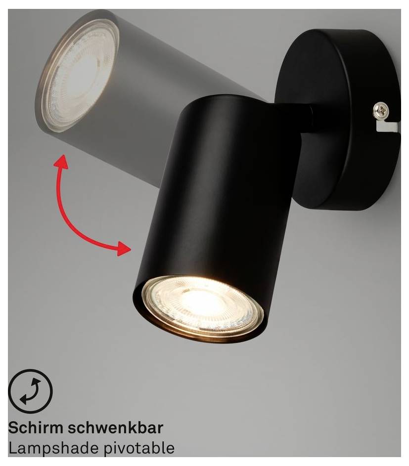 Schwarzer verstellbarer Wandstrahler mit schwenkbarem Lampenschirm; roter Pfeil zeigt, dass der Schirm gekippt werden kann, beschriftet mit „Lampenschirm schwenkbar