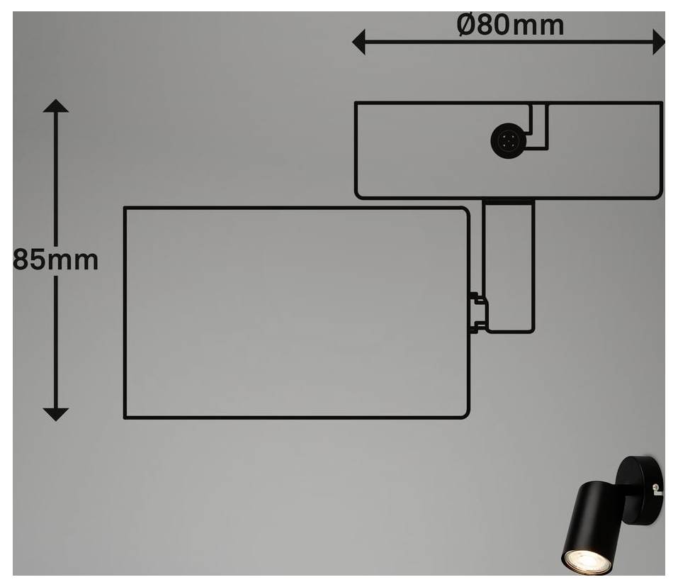 Diagramm einer Wandleuchte mit Abmessungen: 80 mm breit und 85 mm hoch, mit einem rechteckigen Lampenkopf und einem auf einem Arm montierten Scheinwerfer.