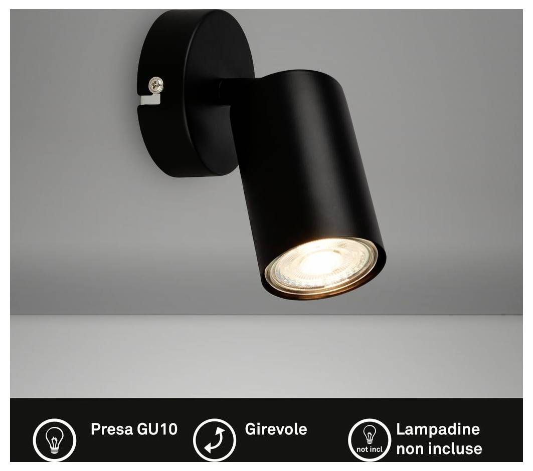 Schwarzer verstellbarer Wandstrahler mit GU10-Fassung; Hinweise „Lampadine non incluse