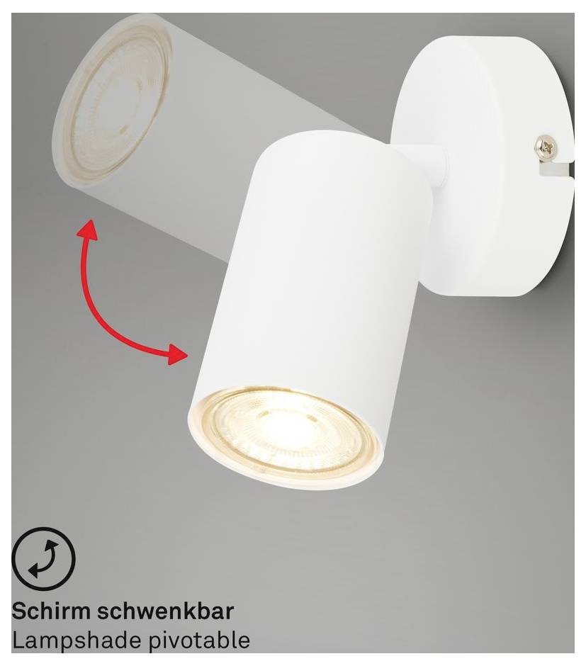 Verstellbarer Wandspot mit schwenkbarem Lampenschirm, dargestellt beim Drehen zur Lichtlenkung; gekennzeichnet mit „Schirm schwenkbar