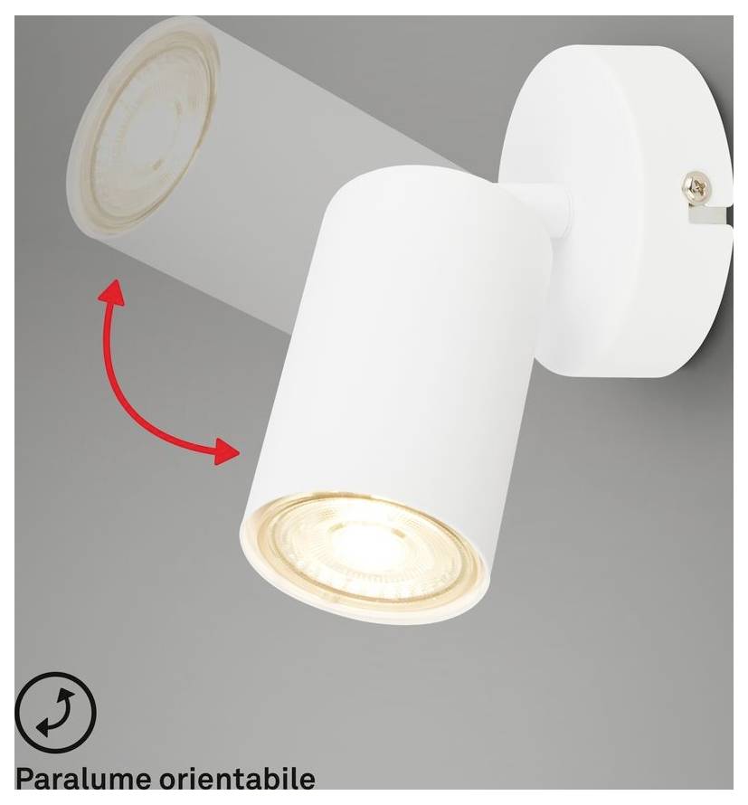 Verstellbarer weißer Spotlight-Wandhalter, der sich dreht, um das Licht zu lenken; beschriftet mit „Paralume orientabile