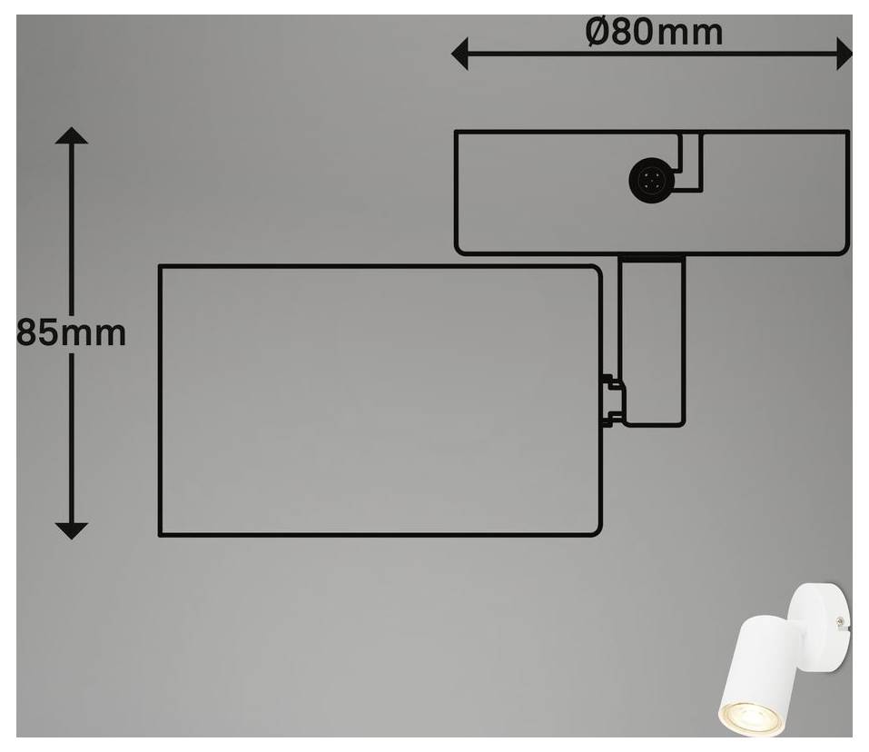 Diagramm eines wandmontierten Scheinwerfers mit Abmessungen: 80 mm breit und 85 mm hoch, mit einer verstellbaren rechteckigen Armatur und einer Downlight-Glühbirne.
