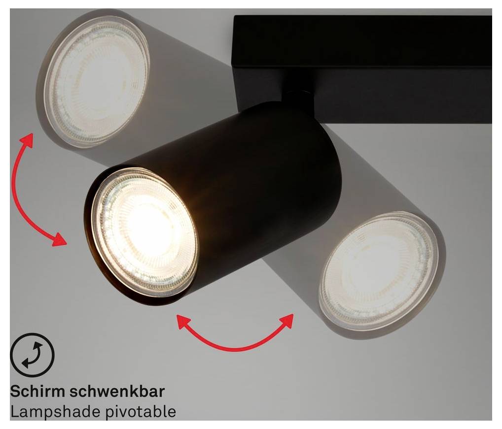 Verstellbarer schwarzer Strahler auf einer Schiene, der geschwenkt wird, um das Licht zu lenken, mit Pfeilen, die anzeigen, dass der Lampenschirm geschwenkt werden kann.