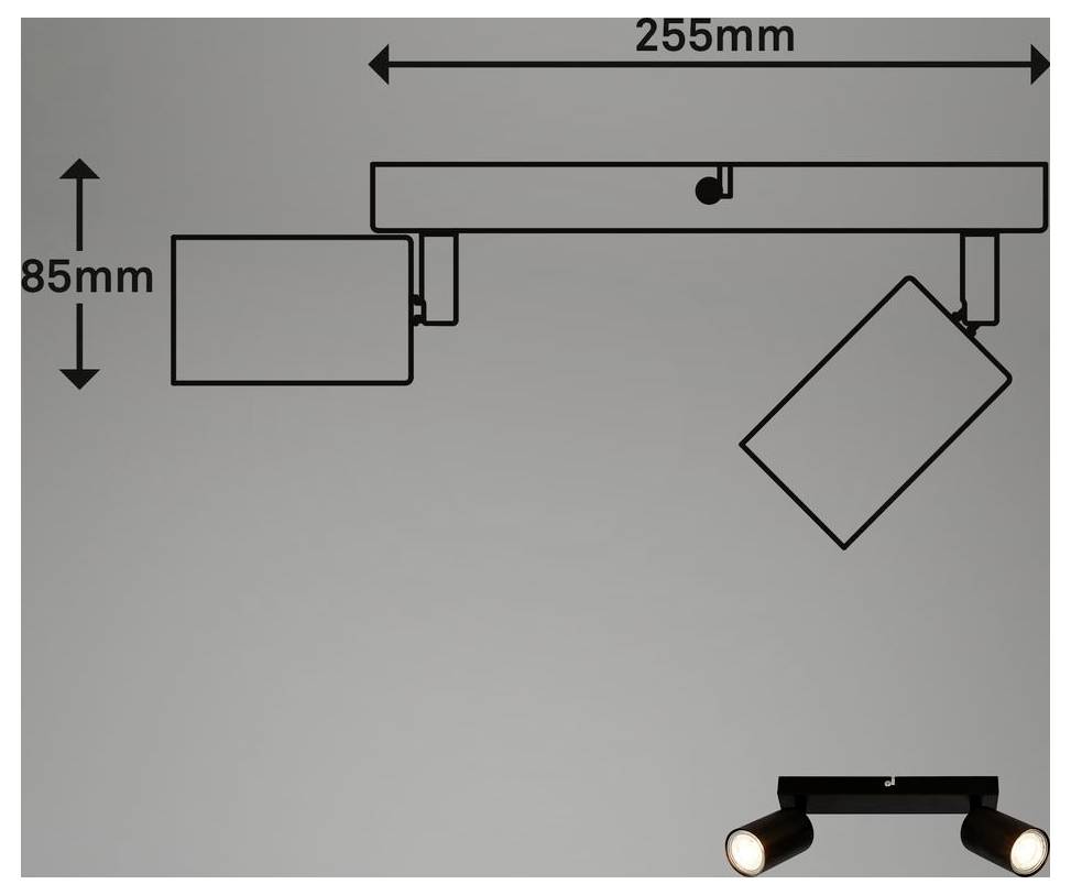 Diagramm einer Deckenspotleuchte mit den Abmessungen 255 mm breit und 85 mm hoch, mit zwei verstellbaren Lampenköpfen; kleines Produktfoto unten rechts.