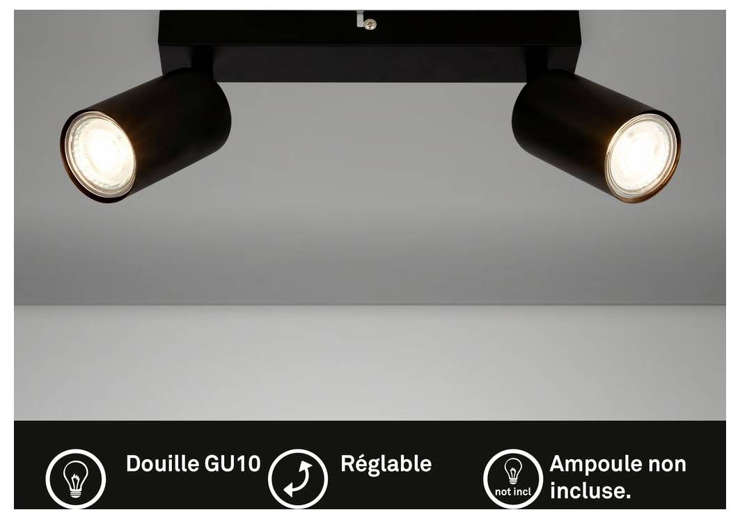 Schwarzte doppelte verstellbare GU10-Schienenstrahler mit zwei leuchtenden Lampen; der Text besagt „Fassung GU10