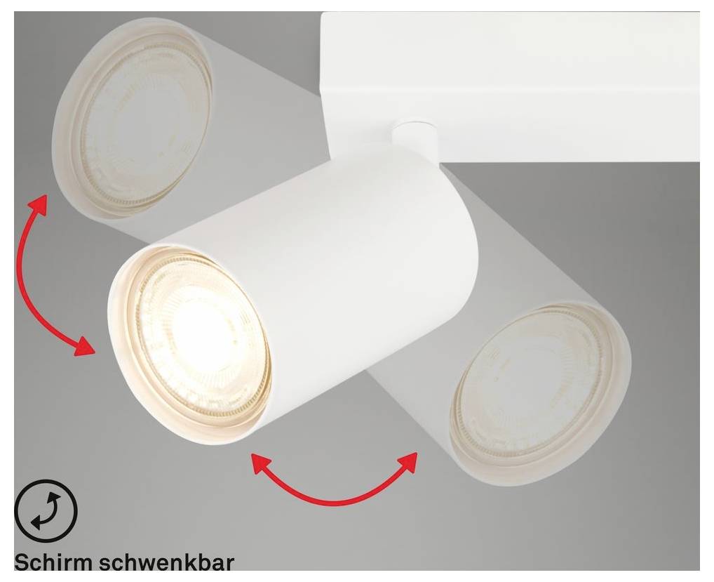 Weißer verstellbarer Deckenspot mit zylindrischem Kopf, dargestellt beim Schwenken, um Licht in verschiedene Richtungen zu richten; die Beschriftung besagt „Schirm schwenkbar