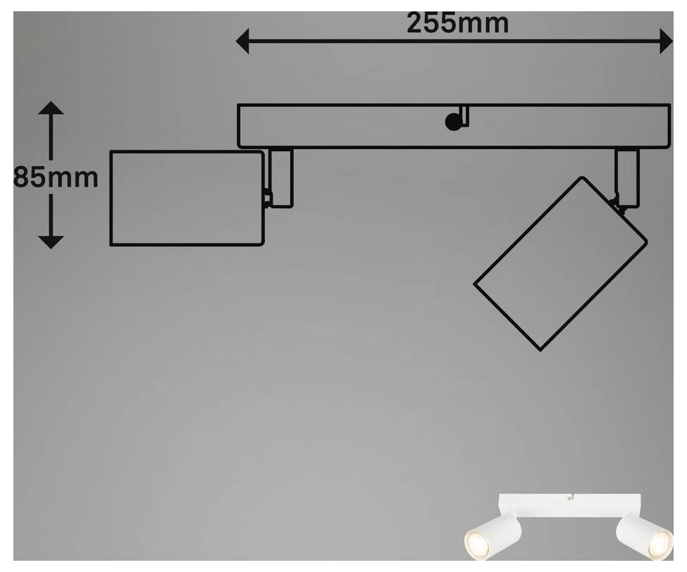 Diagramm einer Deckenleuchte mit verstellbaren Spotlightköpfen, Abmessungen 255 mm breit und 85 mm hoch.