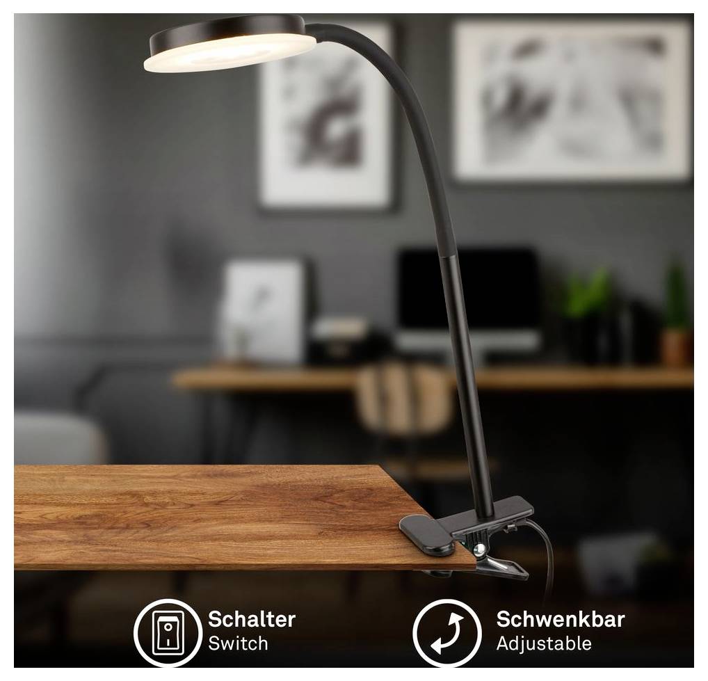 Schwarze Klemmleuchte mit verstellbarem Arm und Beschriftungen 
