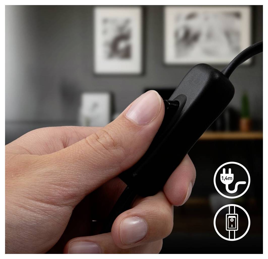Nahaufnahme einer Hand, die einen schwarzen Inline-Kabelregler mit einem Knopf hält; Symbole zeigen eine Kabellänge von 1,4 m und einen verstellbaren Clip oder Schalter.