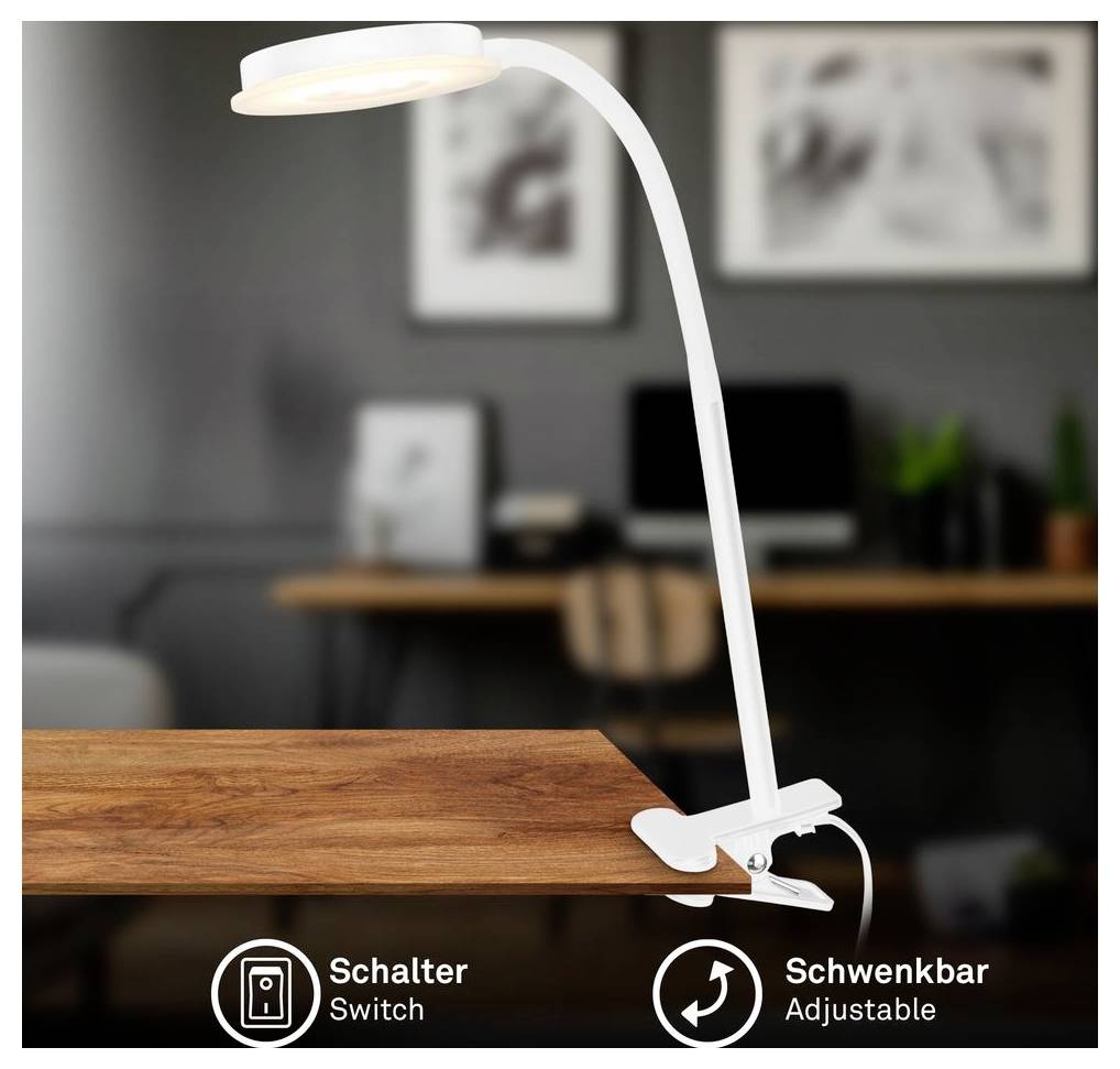 Weiße verstellbare Klemmtischleuchte mit geschwungenem Hals, leuchtender Schirm und Schalter; abgebildet befestigt an einem Holztisch in einem Homeoffice