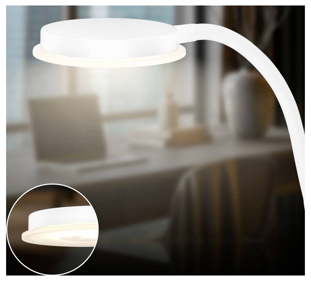 Weiße verstellbare LED-Schreibtischleuchte mit rundem Kopf auf einem gebogenen Arm, beleuchtet in einer unscharfen Home-Office-Umgebung gezeigt mit einer vergrößerten Detailaufnahme des Lichts.