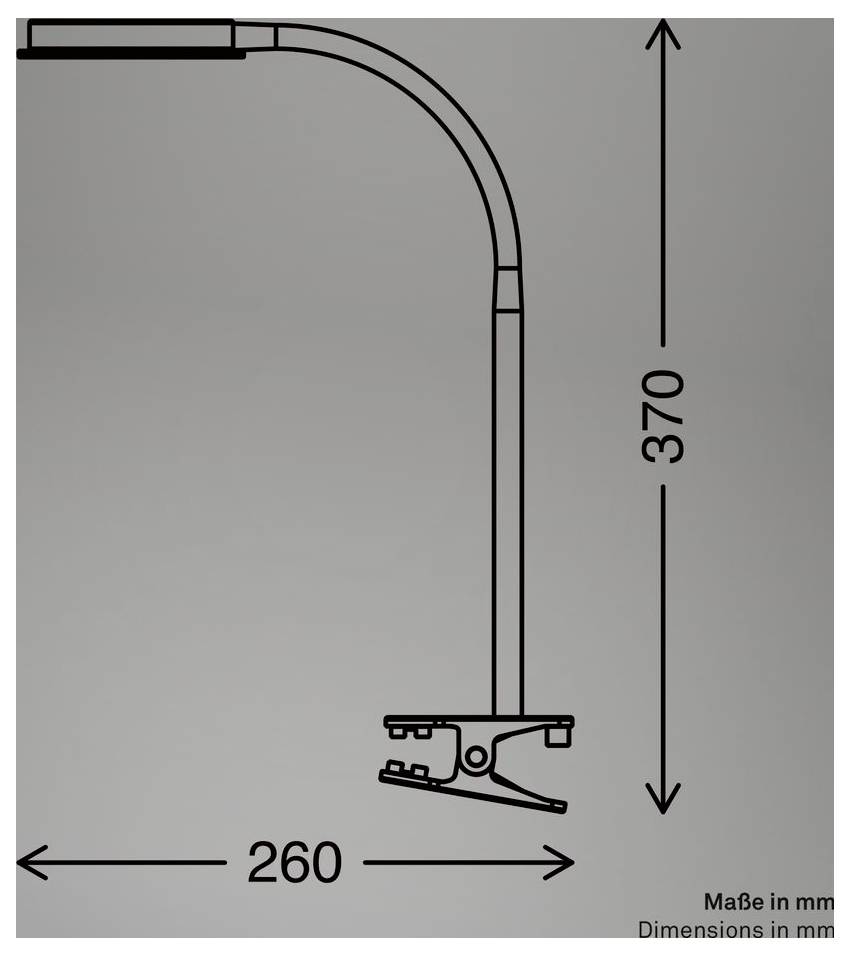 Technisches Diagramm eines gebogenen Klemmarms mit Abmessungen: 370 mm hoch und 260 mm breit, beschriftete Messwerte in mm.