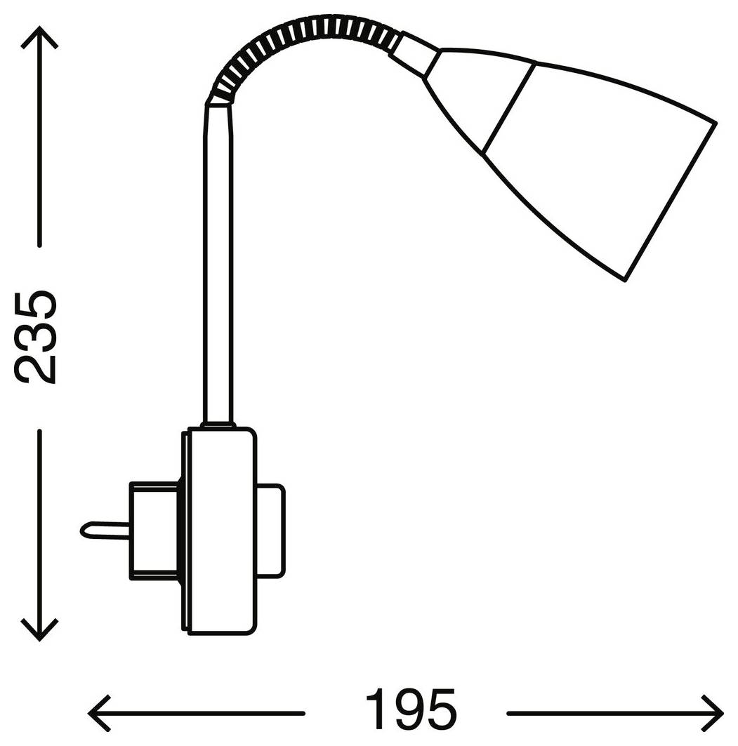 Strichzeichnung einer verstellbaren Lampe mit gekennzeichneten Abmessungen: 235 hoch und 195 breit.