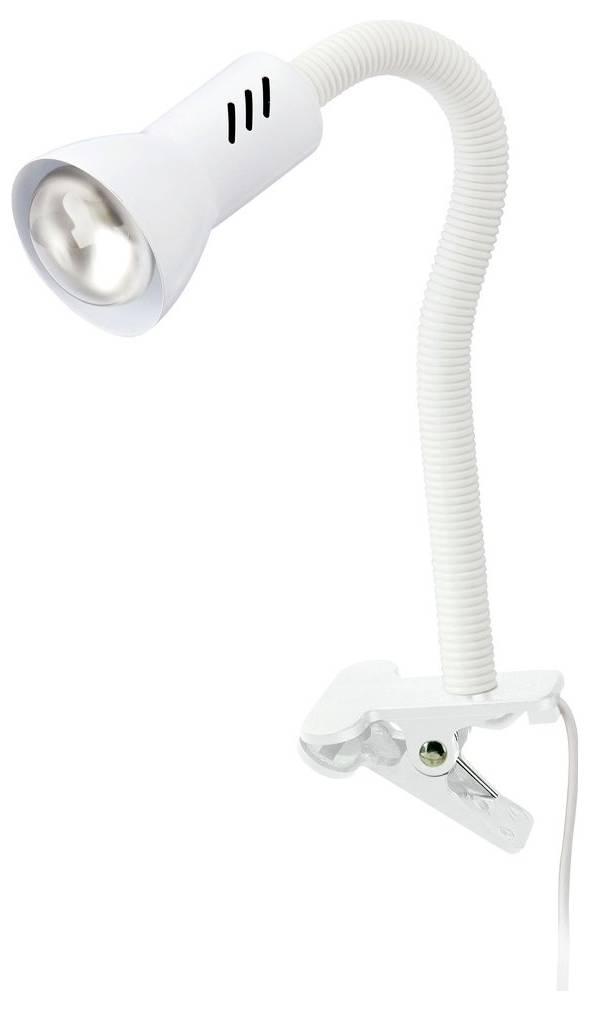 Weiße LED-Leselampe mit Clip, flexiblem Schwanenhals und Federklemmen-Sockel auf weißem Hintergrund.