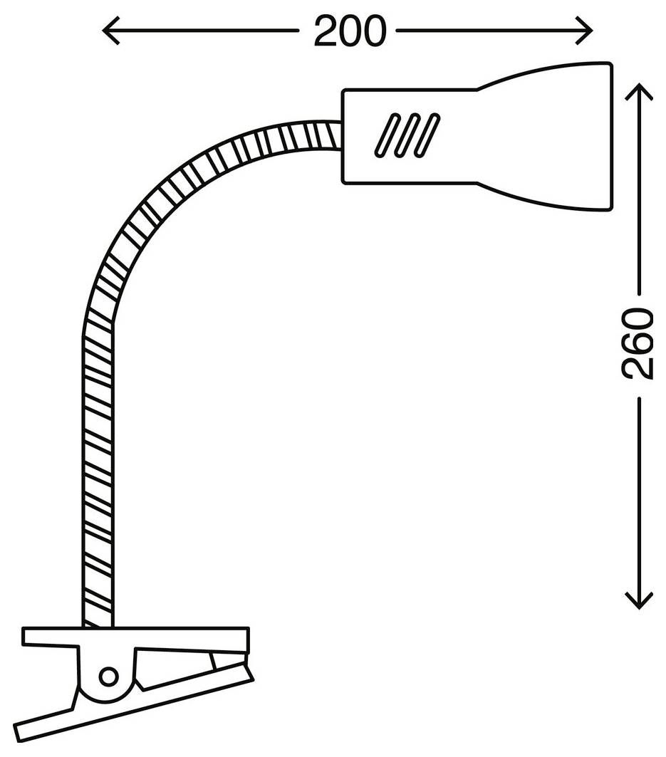 Diagramm einer flexiblen Schreibtischleuchte mit Klemmvorrichtung, mit den Abmessungen: 200 mm breit und 260 mm hoch.