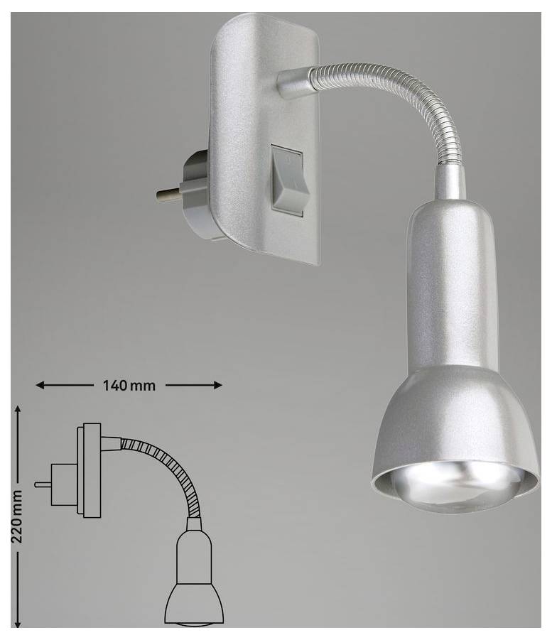 Silberner verstellbarer Wandstrahler mit flexiblem Arm; eingefügte Skizze zeigt Abmessungen von 220 mm Höhe und 140 mm Breite.