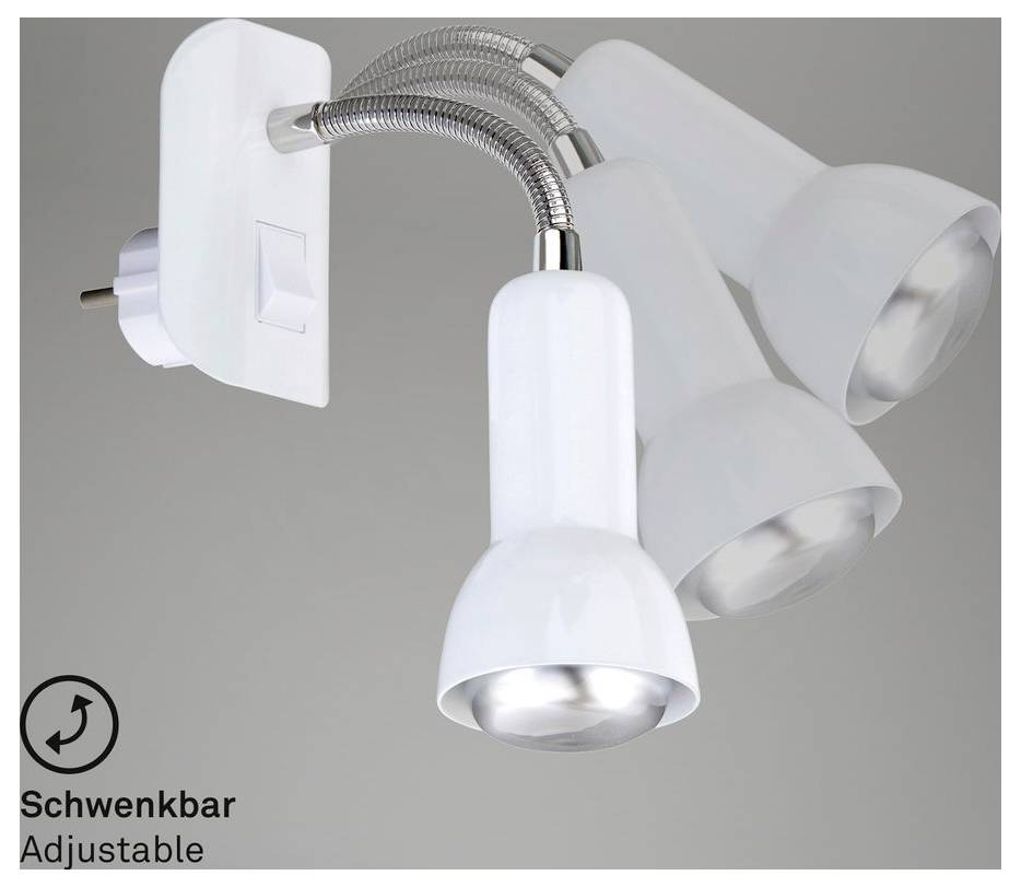Verstellbarer Wandspot mit drei Leuchten, flexiblem Arm und weißen Schirmen auf grauem Hintergrund; Symbol und Text zeigen 