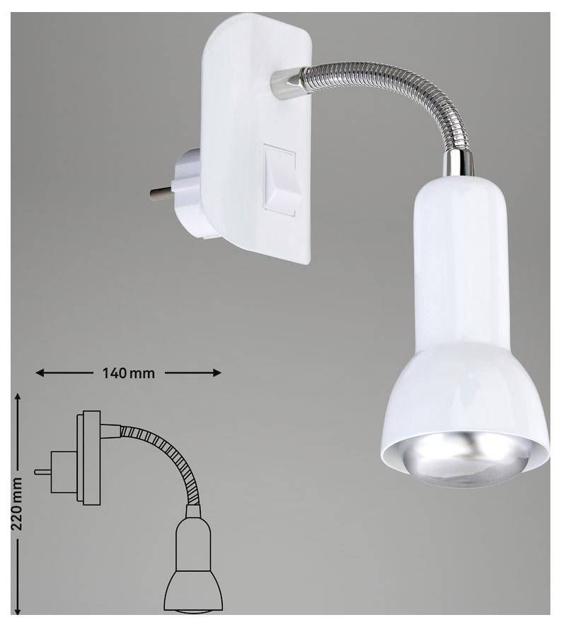 Weiße Steckdosen-Wandleuchte mit flexiblem Schwanenhals; Maßstabzeichnung zeigt 140 mm breit und 220 mm hoch.