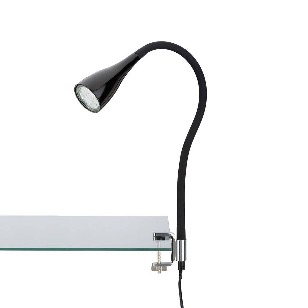 Schwarze Klemmleuchte mit LED-Lesenlicht, befestigt an der Kante eines Glasregals, mit flexiblem Schwanenhals und Spotlightkopf.