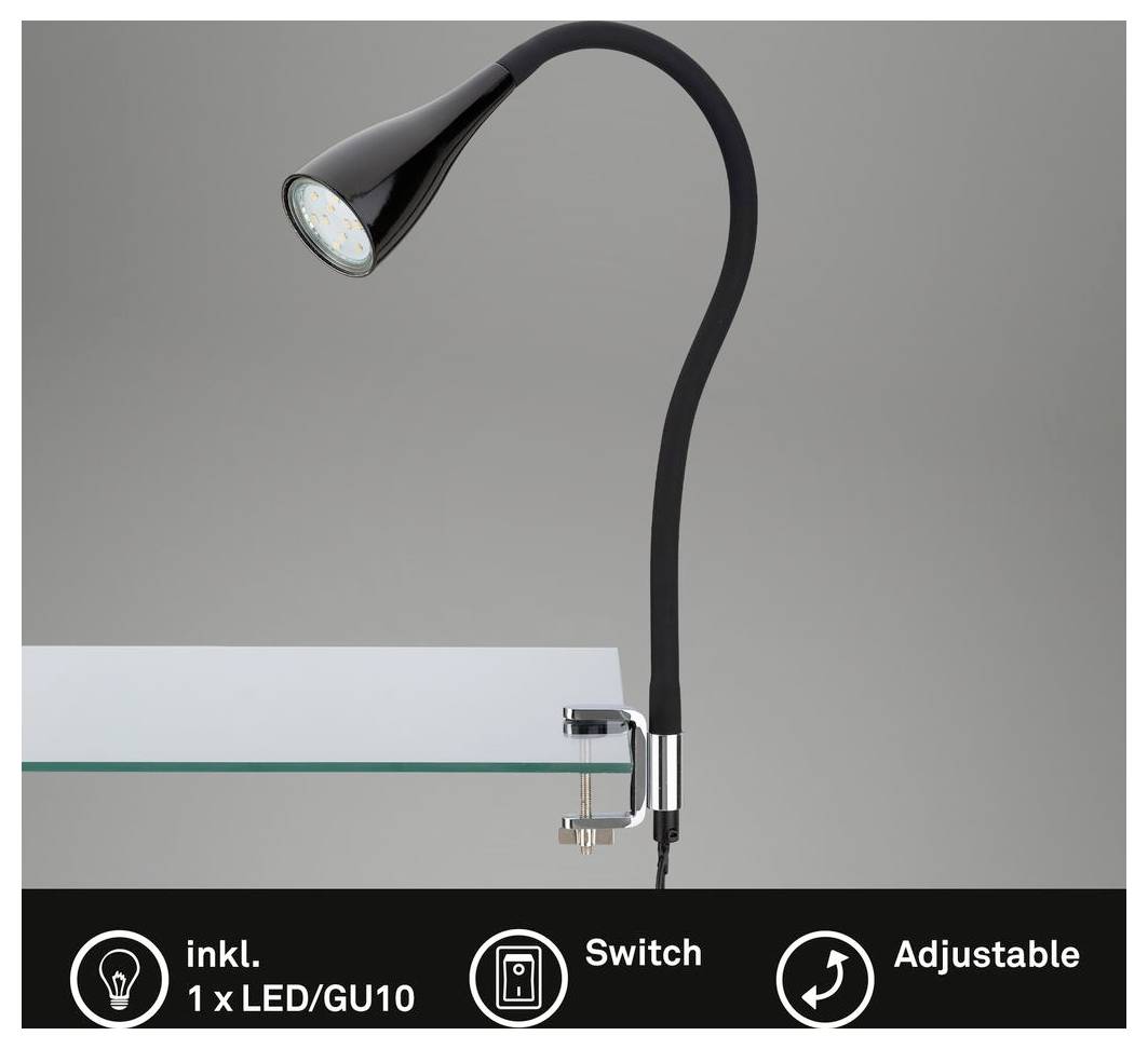 Schwarze verstellbare LED-Schreibtischlampe mit Klemmverschluss und Schalter, gezeigt angebracht an einem Regal; das Etikett besagt „inkl. 1 x LED/GU10