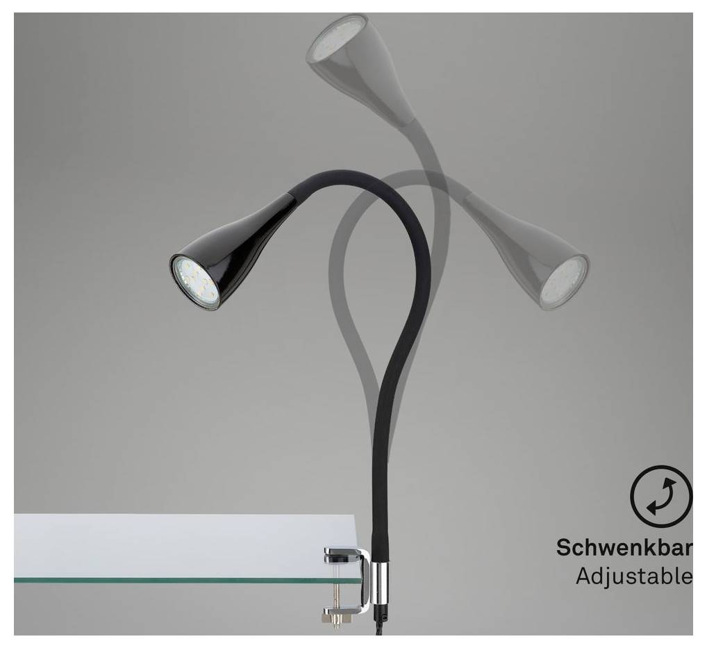 Verstellbare schwarze Schreibtischlampe mit geschwungenem Arm und Spotlightkopf, gezeigt in verschiedenen Schwenkpositionen; mit den Bezeichnungen „Schwenkbar