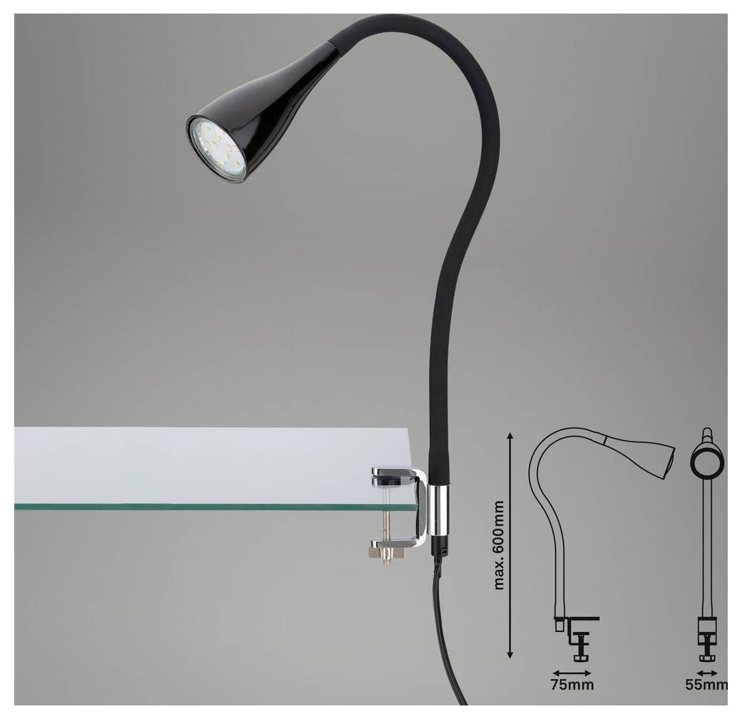 Schwarze flexible Klemmleuchte mit LED für den Tisch, mit Maßstabzeichnung dargestellt, die maximale Höhe von 600 mm und Klemmbreiten von 75 mm und 55 mm angibt.