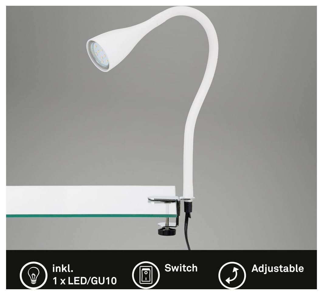 Weiße Klemmtischleuchte mit flexiblem Schwanenhals und LED-Kopf; die Bezeichnungen auf der Unterseite lauten „inkl. 1 x LED/GU10