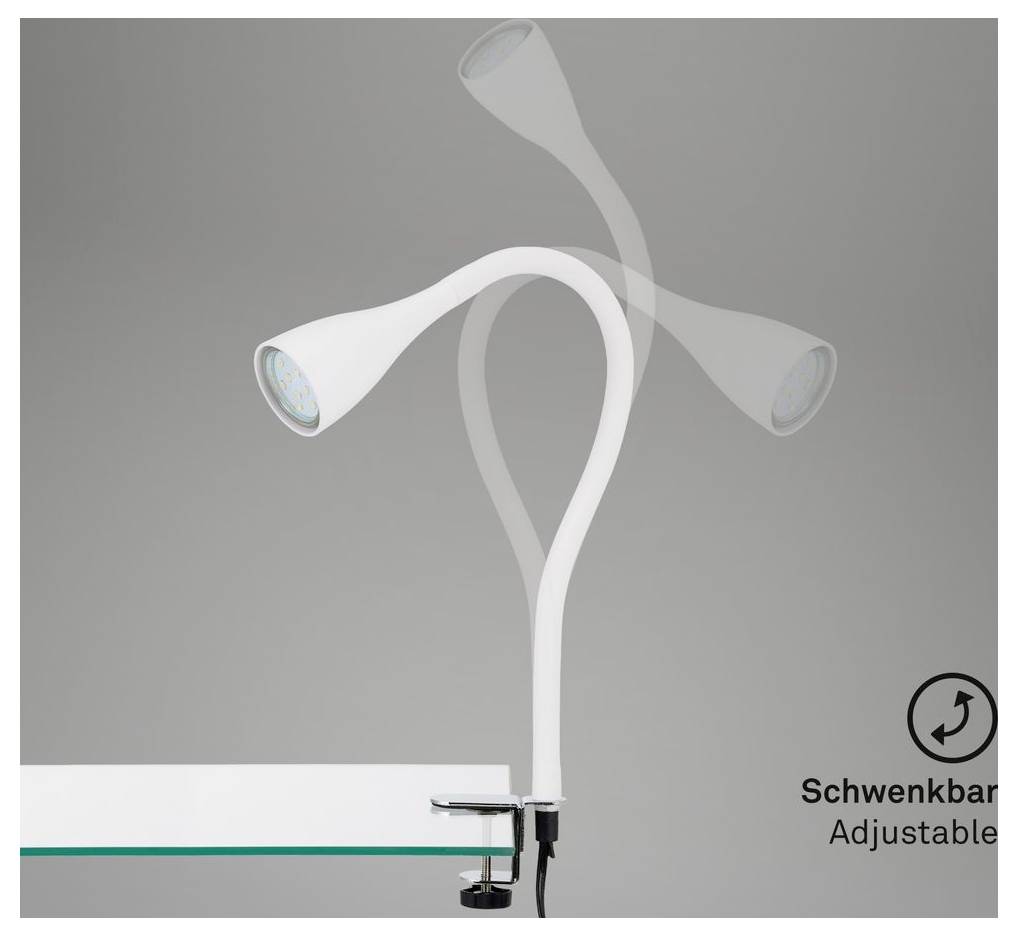 Verstellbare weiße Schreibtischleuchte mit zwei beweglichen Leuchtköpfen auf einer Glasoberfläche montiert, mit der Beschriftung „Schwenkbar / Adjustable