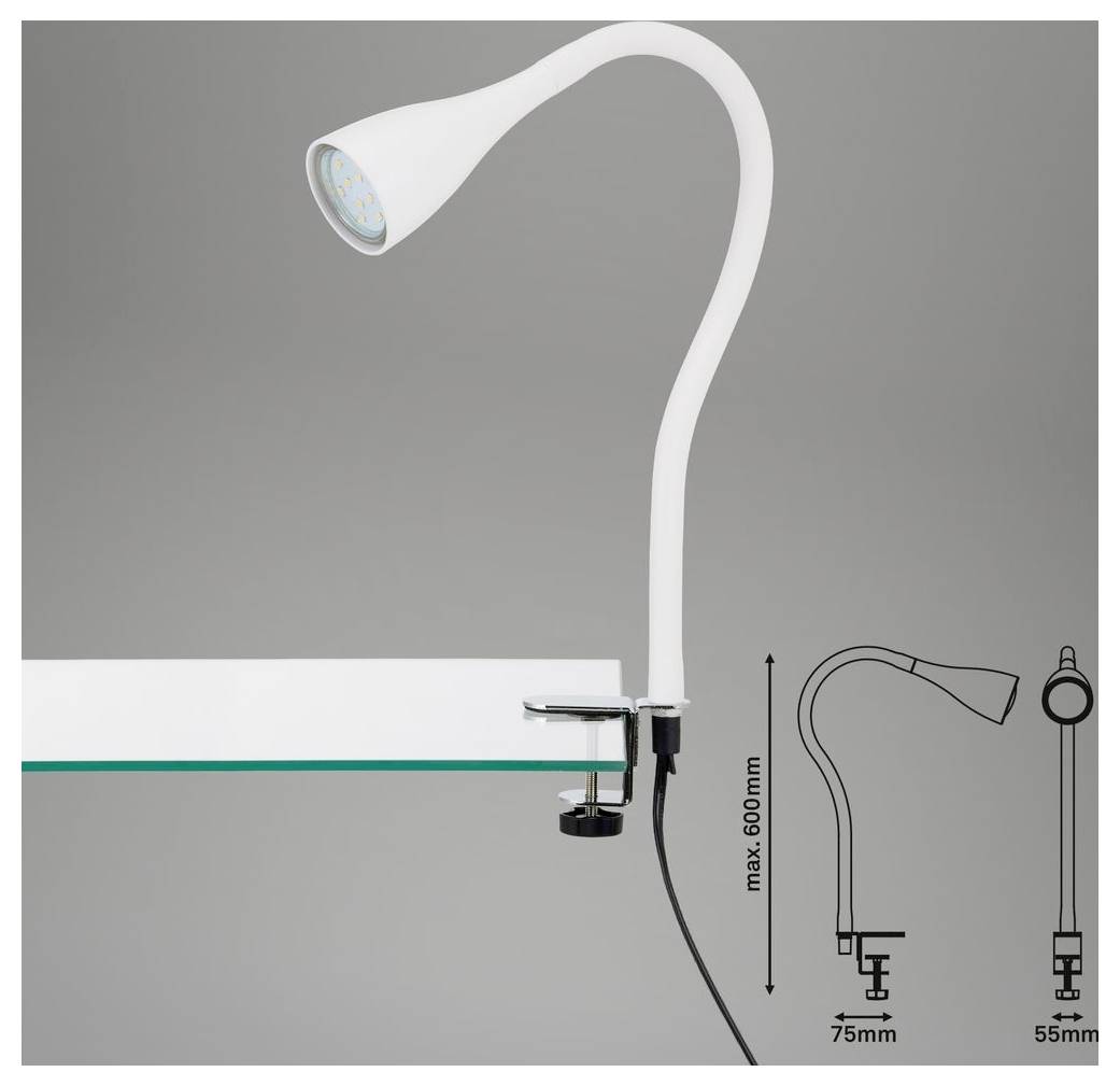 Weiße Clip-on-LED-Aufgabenleuchte mit flexiblem Schwanenhals, befestigt an einem Schreibtisch, mit Abmessungsdiagramm, das eine maximale Höhe von 600 mm, eine Klemme von 75 mm und eine Leuchtenbreite von 55 mm anzeigt.