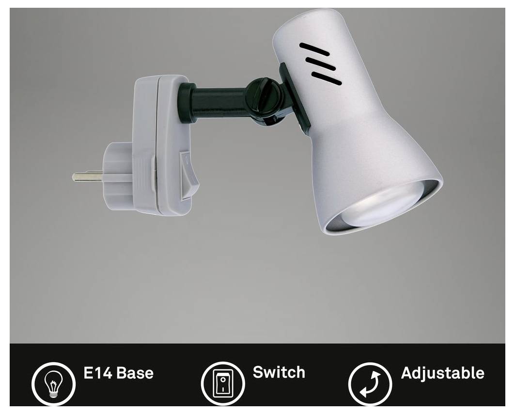 Weiße verstellbare Steckdosen-Spotlampe mit E14-Fassung und eingebautem Schalter, gezeigt auf grauem Hintergrund mit Symbolen, die diese Funktionen hervorheben.