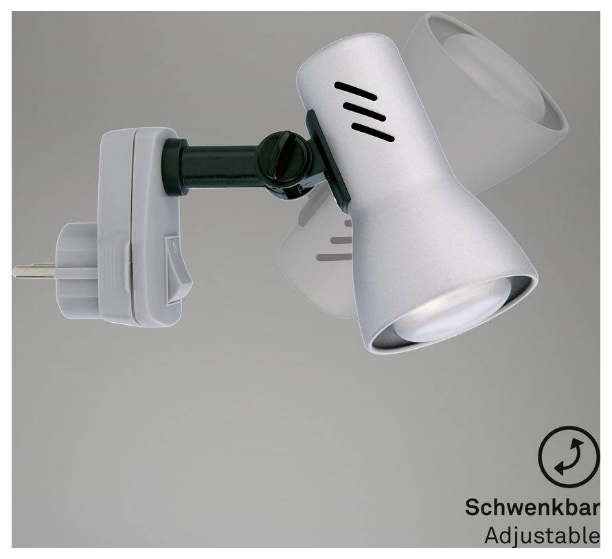 Weiße verstellbare Wandleuchte mit drehbarem Kopf und Steckerhalterung, gekennzeichnet mit „Schwenkbar