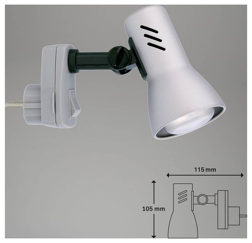 Weiße verstellbare Spotlicht-Wandleuchte mit Stecker, gezeigt auf grauem Hintergrund mit einem kleinen Maßdiagramm, das 115 mm breit und 105 mm hoch gekennzeichnet ist.