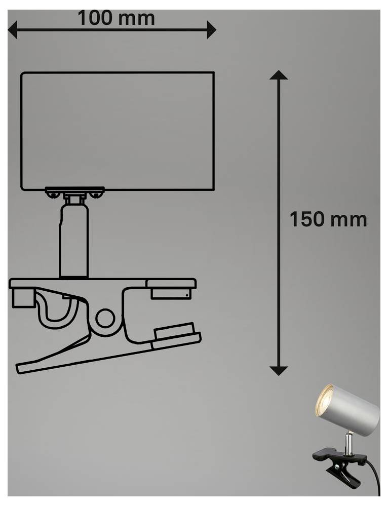 Schemadiagramm einer Klemmleuchte mit einer Breite von 100 mm und einer Höhe von 150 mm, mit einem kleinen Scheinwerfer, der unten rechts angebracht ist.