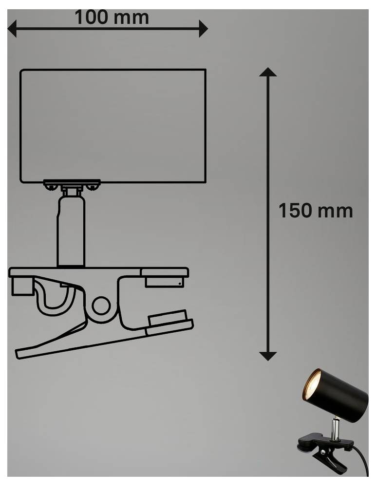 Klemmenmontageleuchte mit rechteckigem Schirm; Abmessungen mit 100 mm Breite und 150 mm Höhe dargestellt, mit einem kleinen Spotlightbeispiel unten rechts.