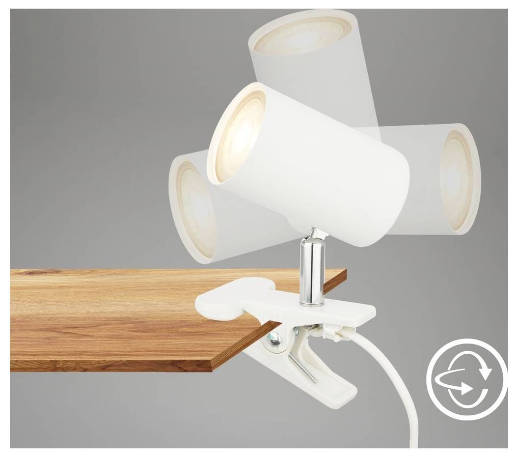 Klemmleuchte mit verstellbarem Spotlight, das an einer Holzoberfläche befestigt ist und mehrere gedrehte Positionen des Lampenkopfs zeigt.
