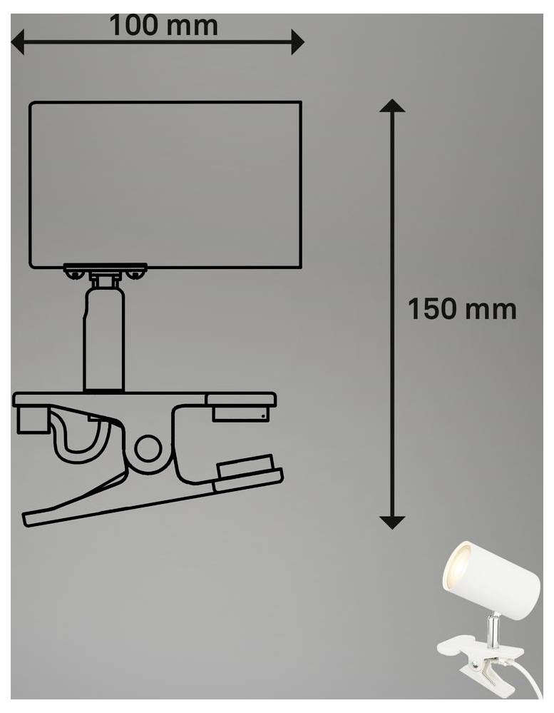 Diagramm einer Klemmleuchte mit maximaler Größe: 100 mm breit und 150 mm hoch.