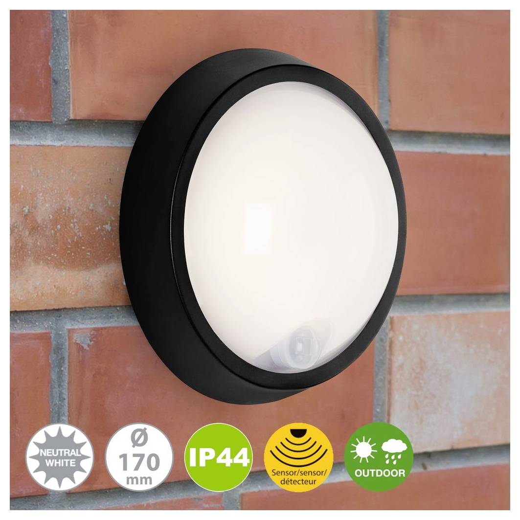 Schwarze runde Außenwandleuchte an einer Backsteinwand mit Symbolen für neutralweiß, 170 mm, IP44, Sensor und Außenbereich.