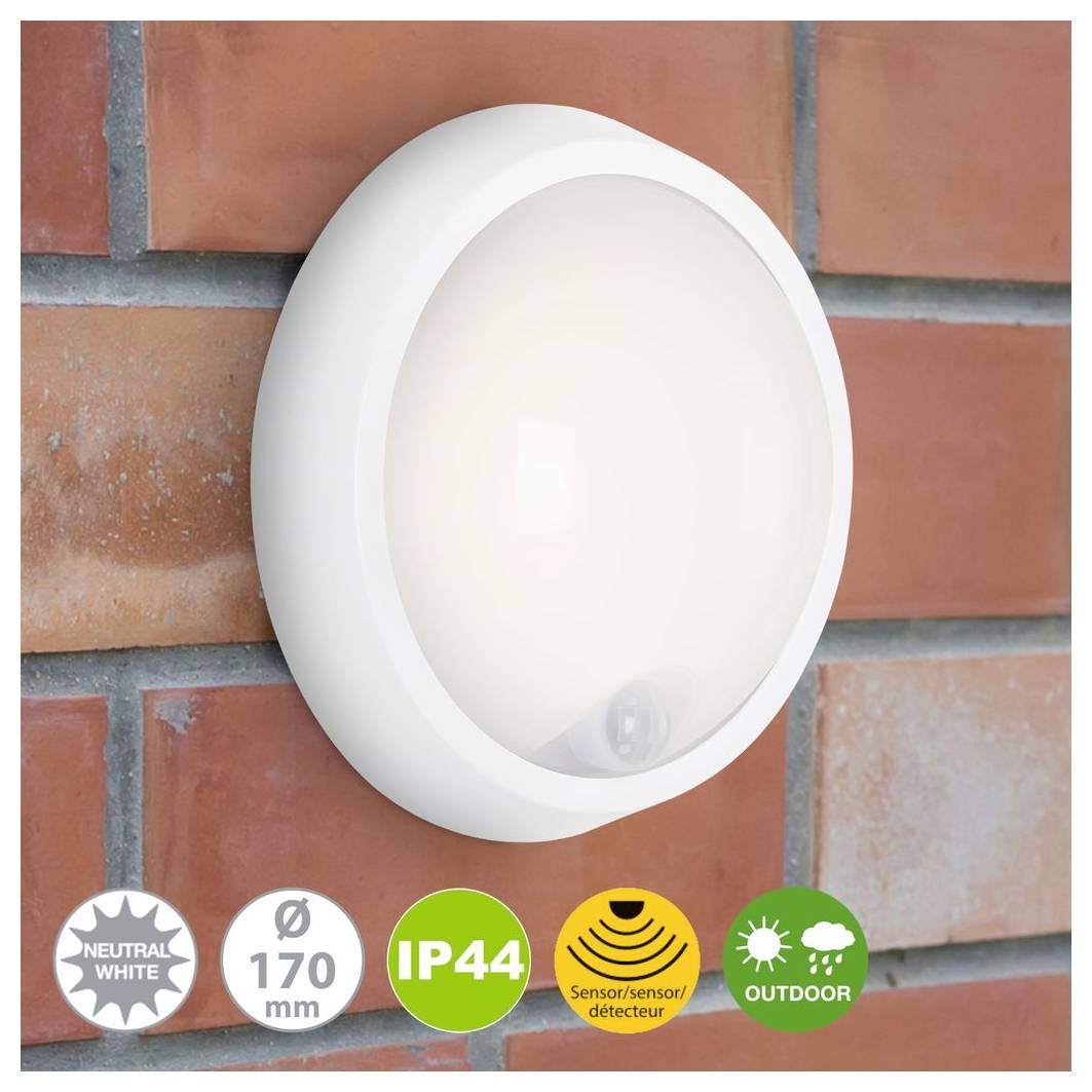 Rundes weißes Außenwandleuchte auf einer Ziegelmauer montiert, mit Symbolen für Neutralweiß, 170 mm, IP44, Sensor und Außenverwendung.