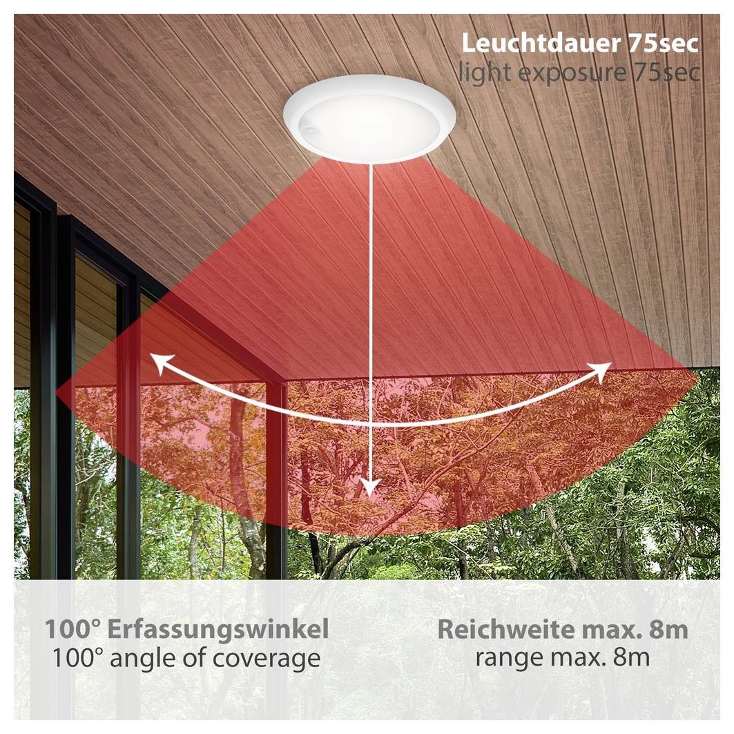 Diagramm einer Deckenleuchte mit einer Belichtungszeit von 75 Sekunden, einem Erfassungswinkel von 100° und einer maximalen Reichweite von 8 m.