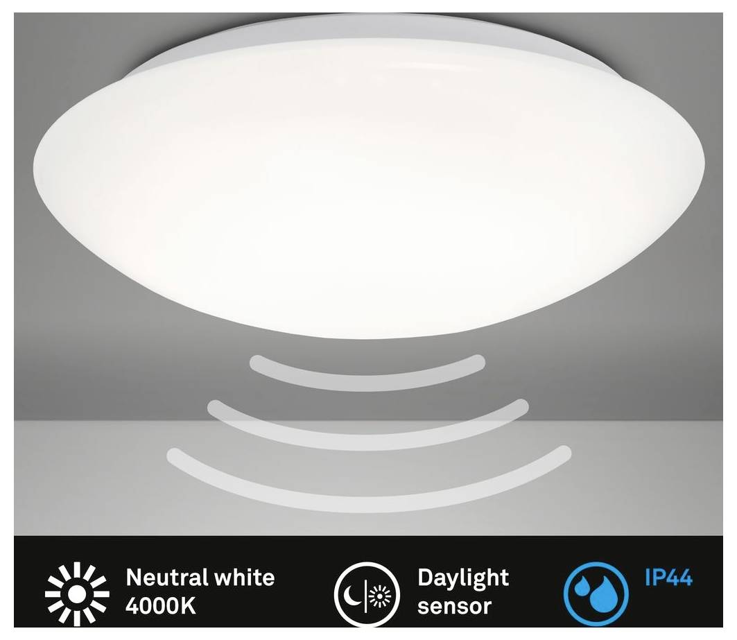 Runde weiße Deckenleuchte mit Tageslicht-Sensor und IP44-Schutzart, gekennzeichnet mit Neutralweiß 4000K.