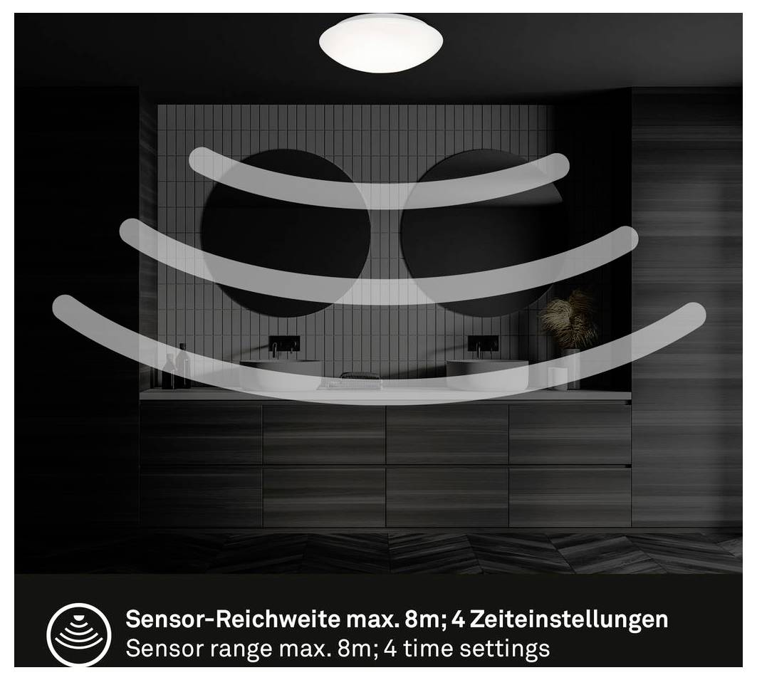 Badezimmerspiegel mit integrierter Sensorleuchte; Text lautet „Sensorreichweite max. 8m; 4 Zeiteinstellungen